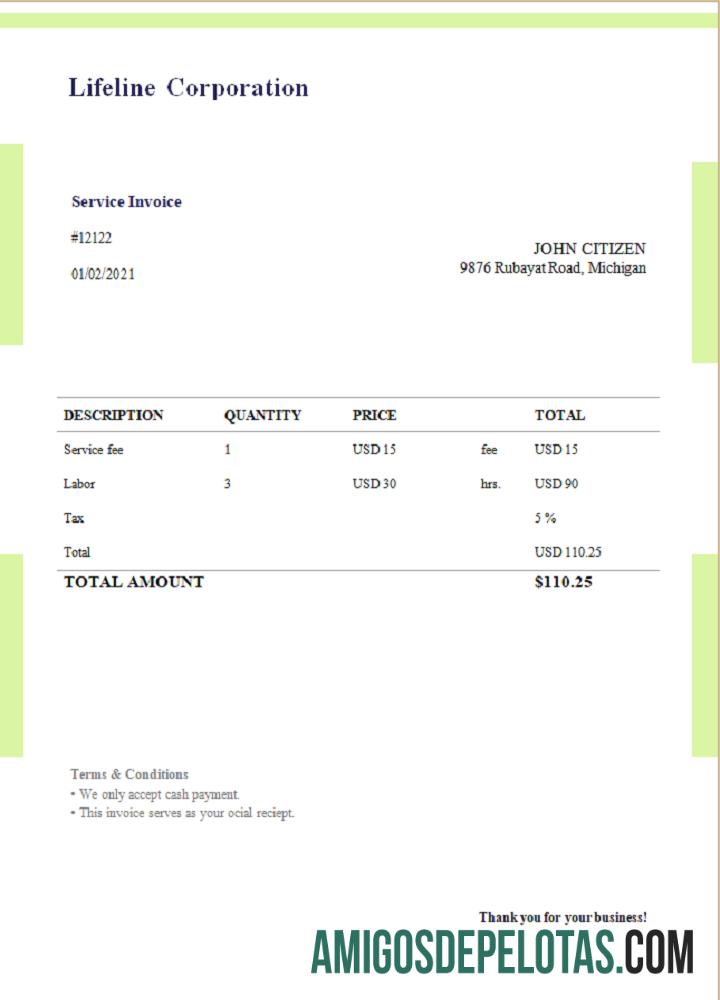 para download Modelo de fatura da USA Lifeline Corporation em formato Word e PDF, totalmente editável, versão 1